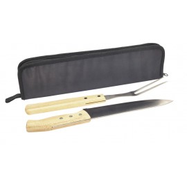 SET ASADO GRILL cuchillo y tenedor con mango de madera. Estuche de polyester con cierre.